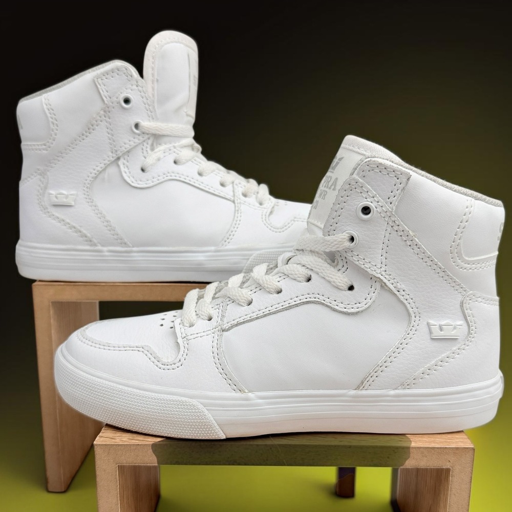 Supra Vaider Kids White Leather High Top Skate Shoes 58203-101-M Size 13 Kids